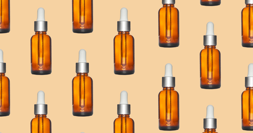 SARMs blog amber dropper glass bottle on beige background